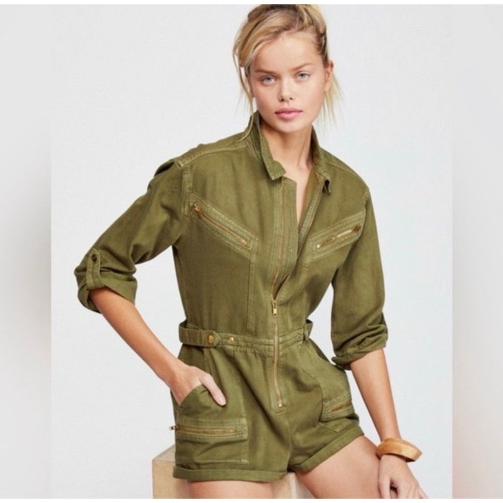 FREE PEOPLE Isla Flight Olive Green Utility Romper Size 8